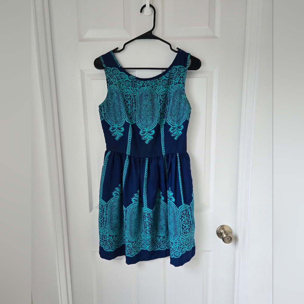 Elegant Cocktail Blue and Teal Sleeveless Aline Medium Boatneck Dress